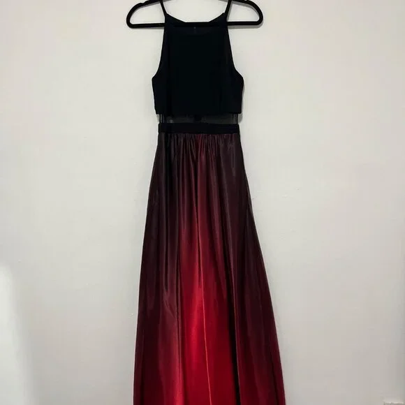 Two-Tone Black & Red Sleeveless Maxi Gown With Sheer Mesh Waist Detail And Gradi - Picture 3 of 15